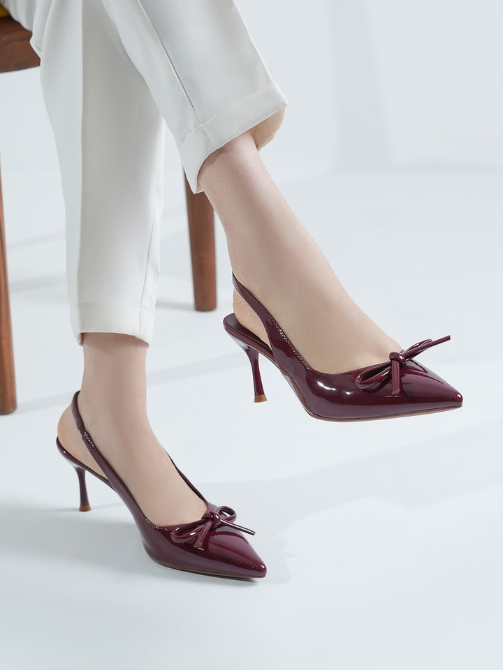 Mahroon Bow Pointed Heel