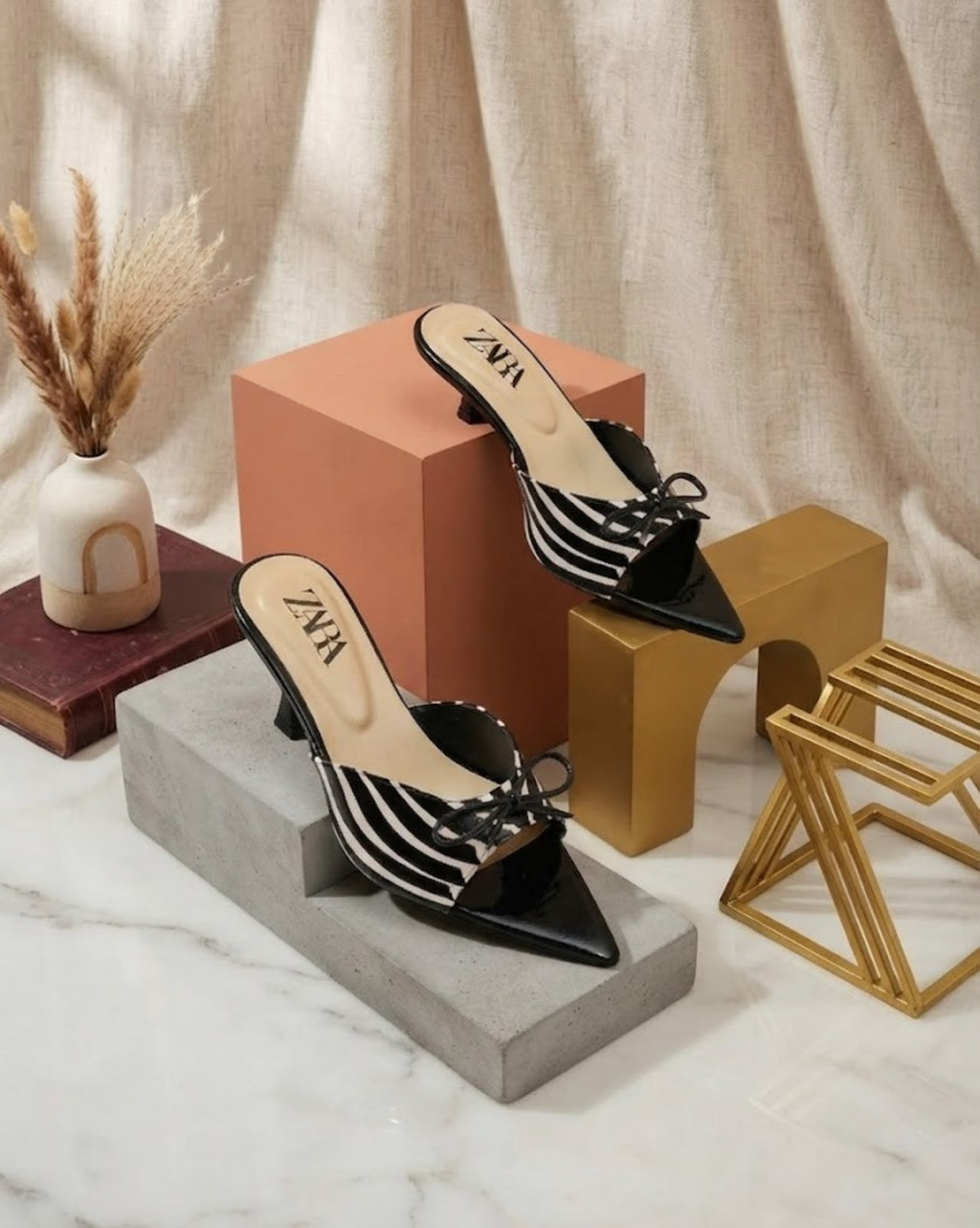 Black & White Striped Bow Kitten Heels | FunkySteps