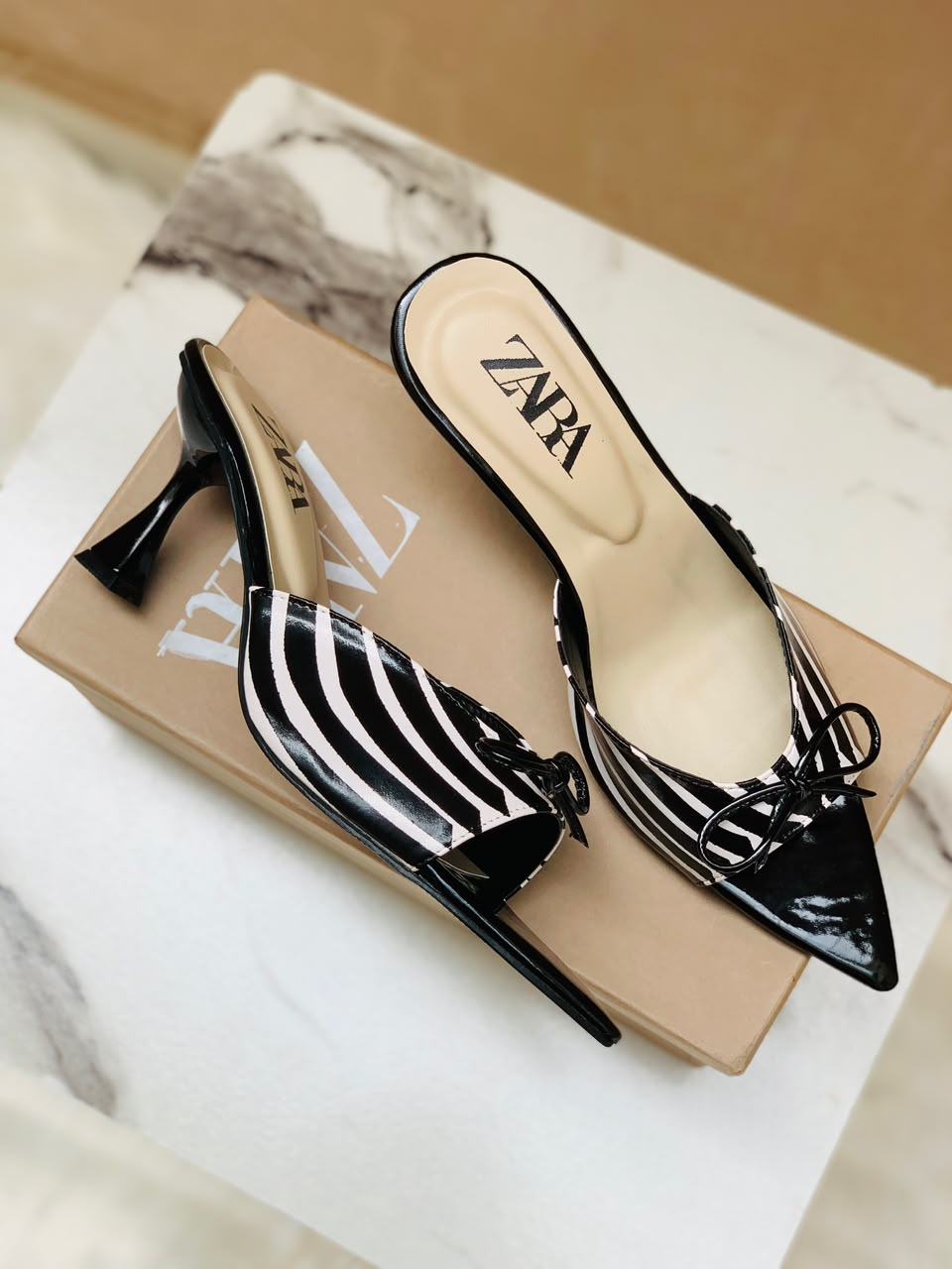 Black & White Striped Bow Kitten Heels | FunkySteps