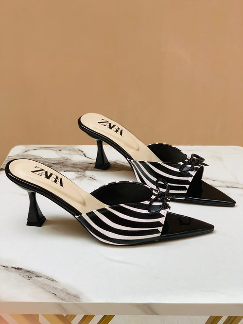 Black & White Striped Bow Kitten Heels | FunkySteps