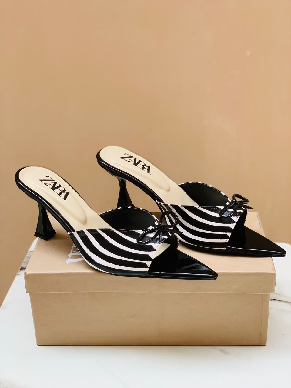 Black & White Striped Bow Kitten Heels | FunkySteps